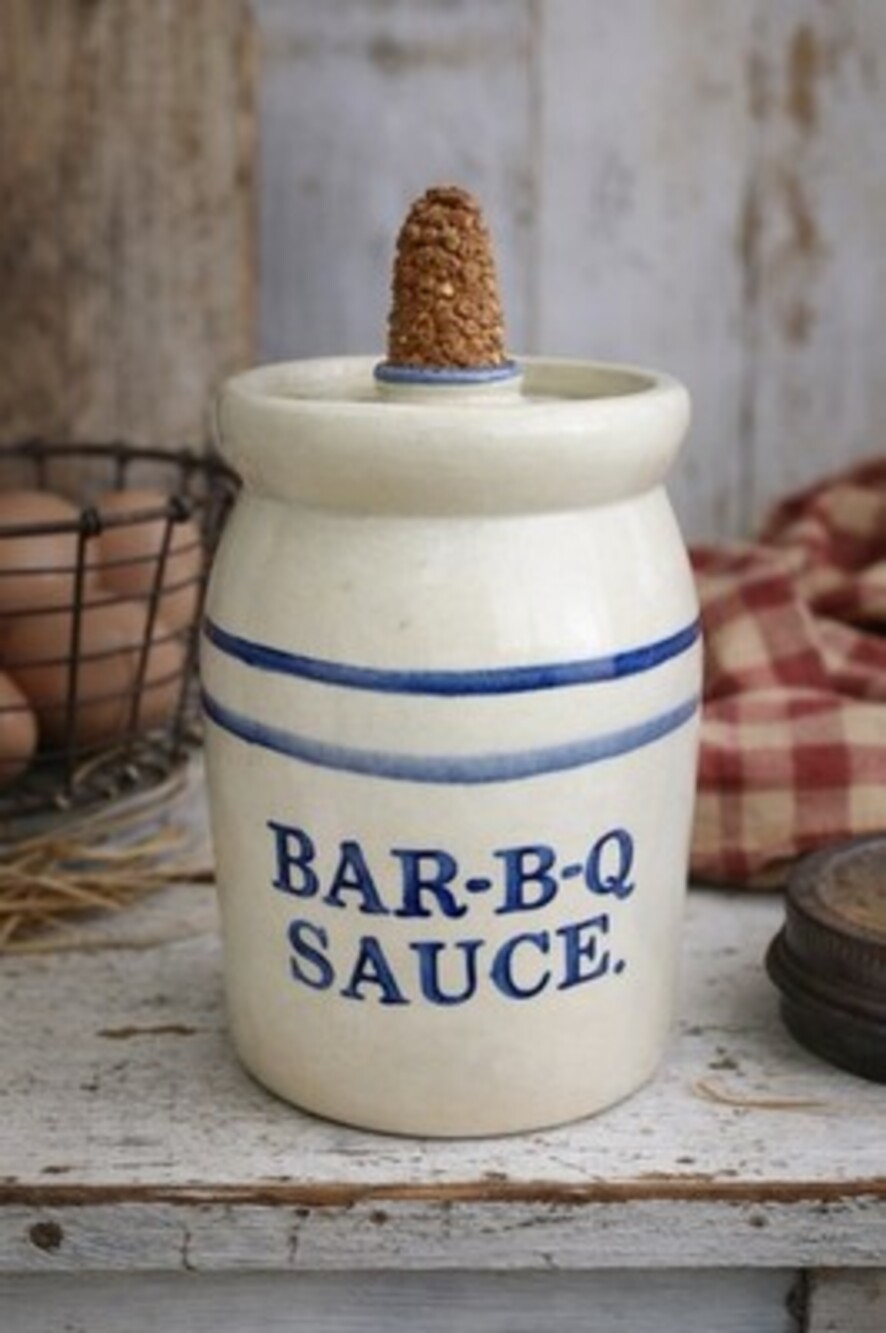 Primitive Stoneware BAR-B-Q Sauce Crock Jar Blue Stripe Lid Cork Top
